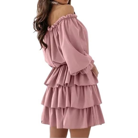 Pink Tiered Ruffle Off Shoulder Balloon Sleeves Dress - Picture 4 of 5